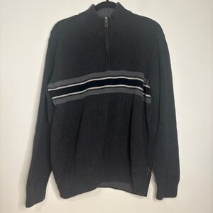 Eddie Bauer Mens Gray Cotton Quarter Zip Striped‎ Mock Neck Pullover Sweater